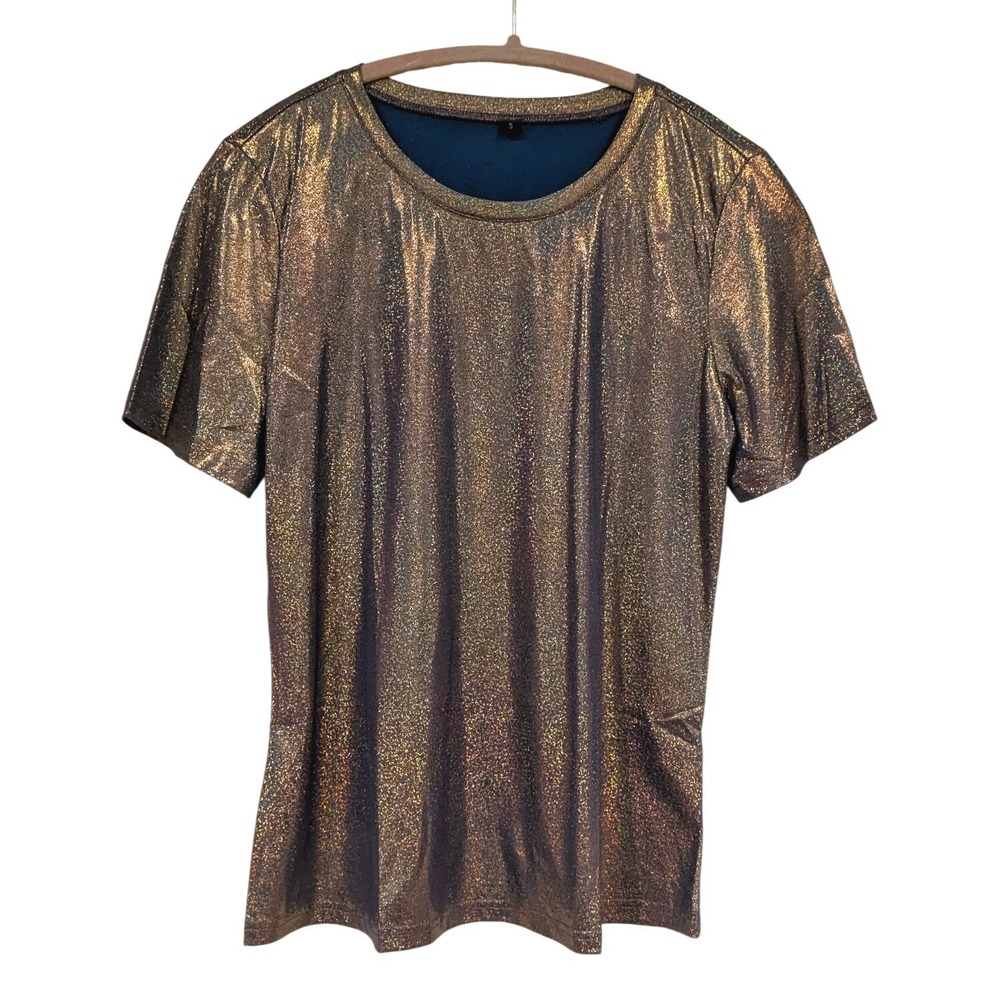 Holographic Metallic Shimmer Top Womens Small Festival Rave Party Y2K Tee